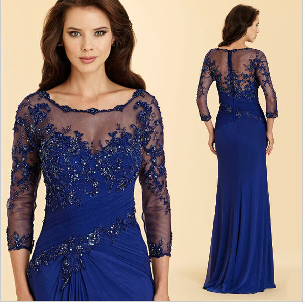 Royal Blue Prom Dresses,Beaded Prom Dress,Long Sleeve Evening Dress