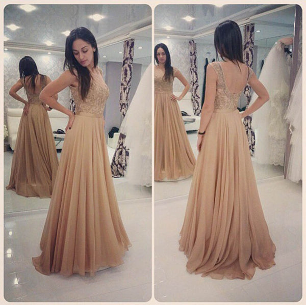 Lace Applique Prom Dresses,Champagne Prom Dress,Chiffon Evening Dress