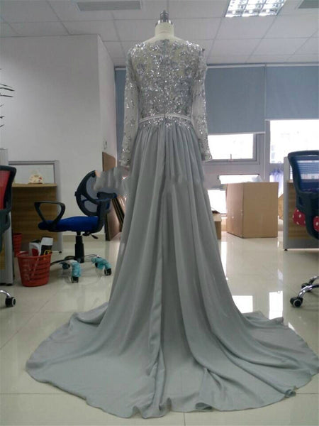 Beading Grey Prom Dresses,Long Sleeve Prom Dress,Evening Dress