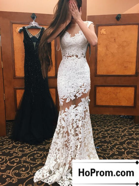 Sleeveless White Applique Long Prom Dress Evening Dresses
