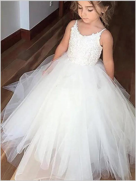 Lace Tulle Jewel Straps Flower Girl Dresses Floor Length Ball Gown