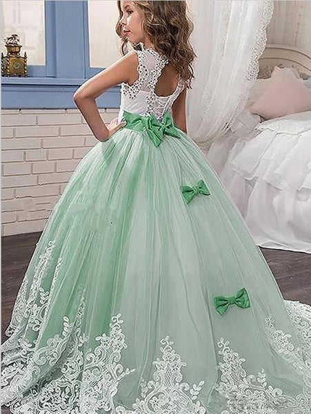 Lace Tulle Jewel Sleeveless Flower Girl Dresses Floor Length Ball Gown