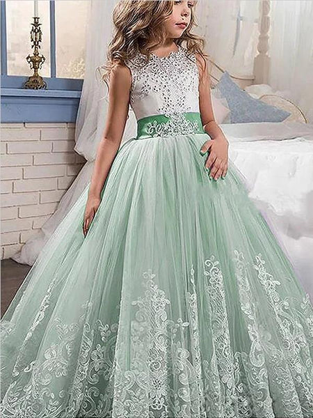Lace Tulle Jewel Sleeveless Flower Girl Dresses Floor Length Ball Gown