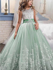 Lace Tulle Jewel Sleeveless Flower Girl Dresses Floor Length