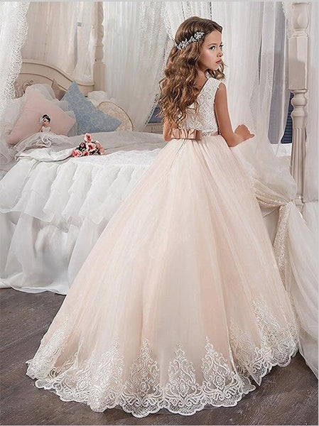 Lace Tulle Jewel Sleeveless Flower Girl Dresses Floor Length Ball Gown