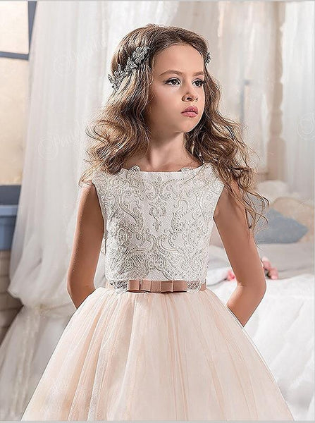 Lace Tulle Jewel Sleeveless Flower Girl Dresses Floor Length Ball Gown