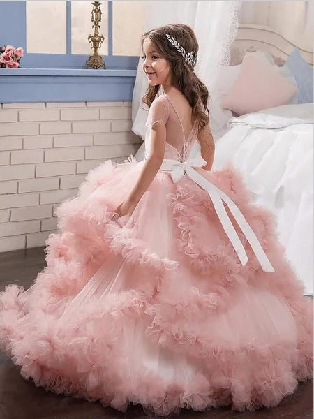Ball Gown Tulle Jewel Crystal Floor Length Flower Girl Dresses With Bowknot