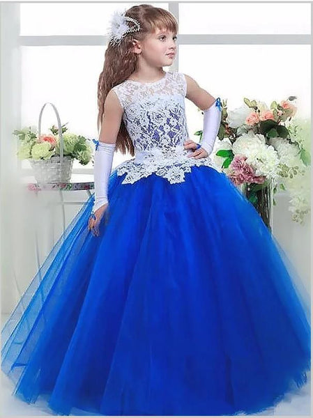 Lace Tulle Sleeveless Floor Length Flower Girl Dresses Ball Gown