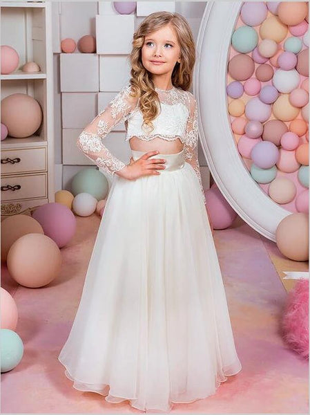 Lace Chiffon Long Sleeves Flower Girl Dresses Floor Length Two Piece Ball Gown