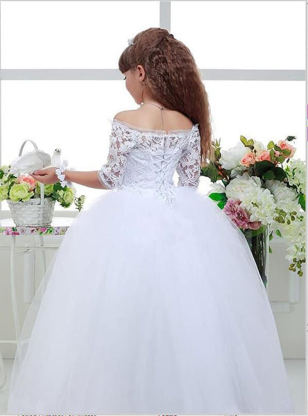 Lace Tulle Off Shoulder 1/2 Sleeves Flower Girl Dresses Floor Length Ball Gown