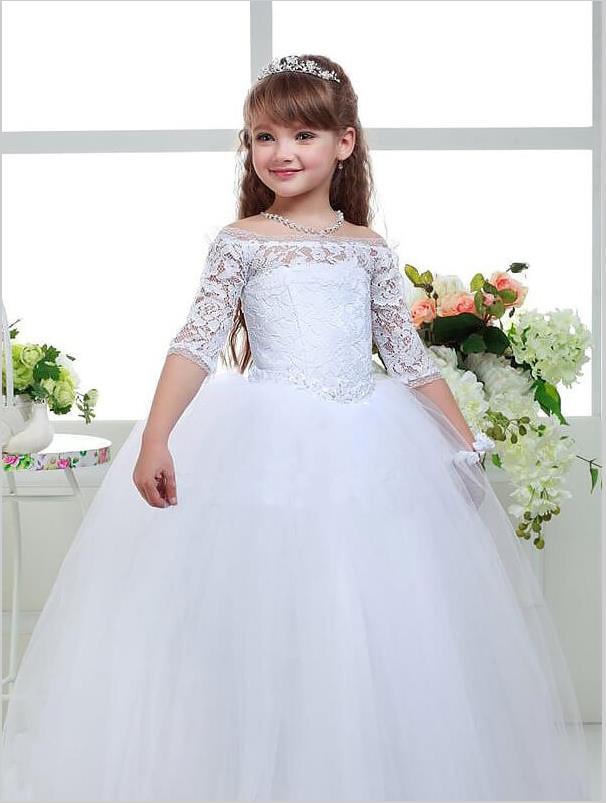 Lace Tulle Off Shoulder 1/2 Sleeves Flower Girl Dresses Floor Length Ball Gown