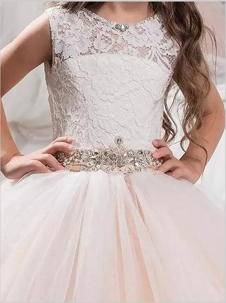 Lace Tulle Sleeveless Floor Length Flower Girl Dresses Ball Gown