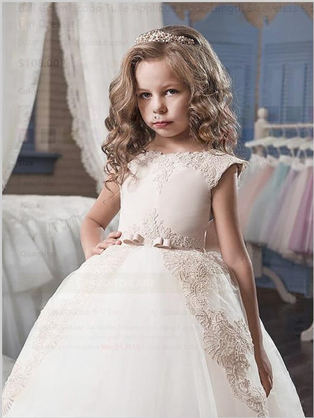 Tulle Scoop Sleeveless Flower Girl Dresses Floor Length Ball Gown With Applique