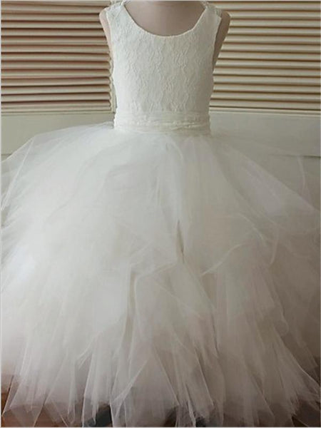 Lace Organza Sleeveless Flower Girl Dresses Floor Length Ball Gown With Bowknot