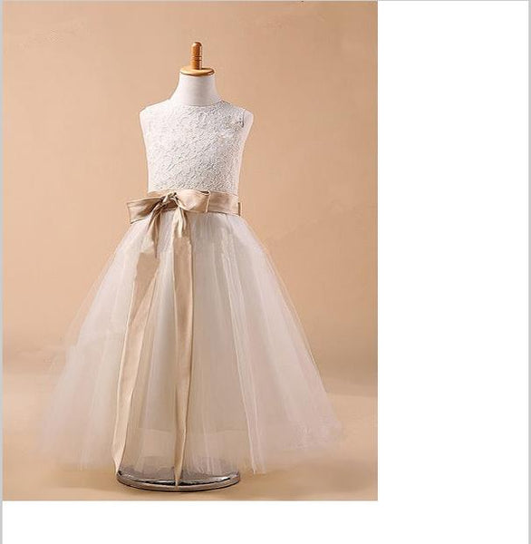 Ball Gown Long Tulle Sleeveless Flower Girl Dresses With Bowknot