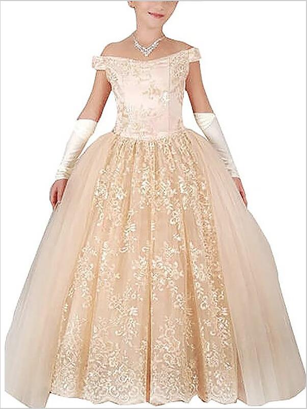Tulle Off Shoulder Flower Girl Dresses Floor Length Ball Gown With Applique
