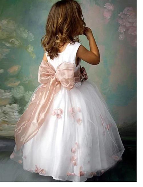 Long Tulle Sleeveless Flower Girl Dresses With Hand-made Flower And Bowknot