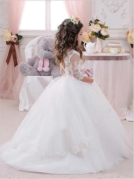 Lace Tulle Jewel 1/2 Sleeves Flower Girl Dresses Floor Length Ball Gown