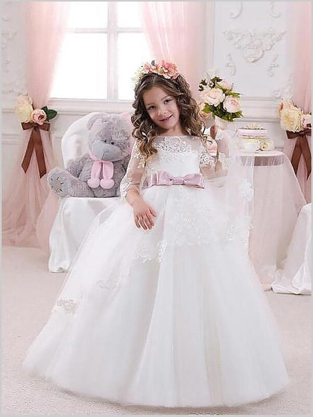Lace Tulle Jewel 1/2 Sleeves Flower Girl Dresses Floor Length Ball Gown