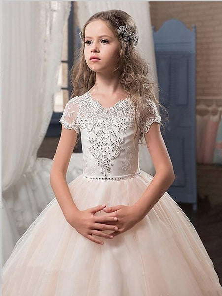Lace Tulle V-neck Short Sleeves Flower Girl Dresses Floor Length Ball Gown