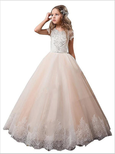 Lace Tulle V-neck Short Sleeves Flower Girl Dresses Floor Length Ball Gown