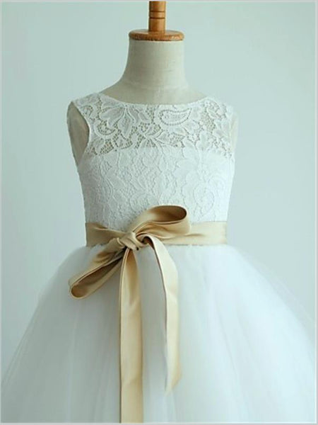 Tulle Scoop Sash/Ribbon/Belt Flower Girl Dresses Floor Length Princess Dress