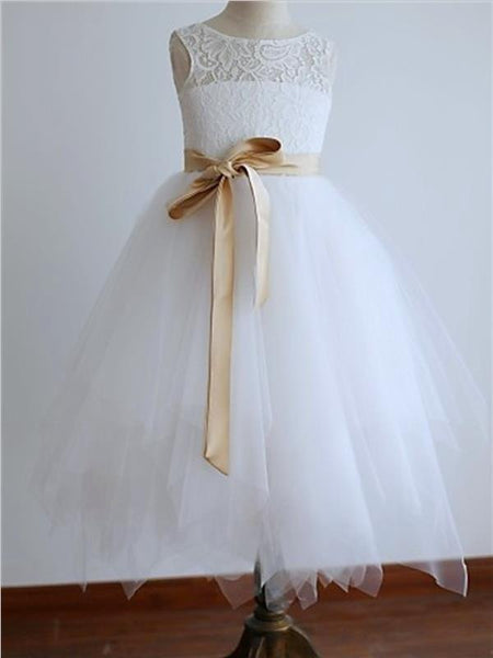 Tulle Scoop Sash/Ribbon/Belt Flower Girl Dresses Floor Length Princess Dress
