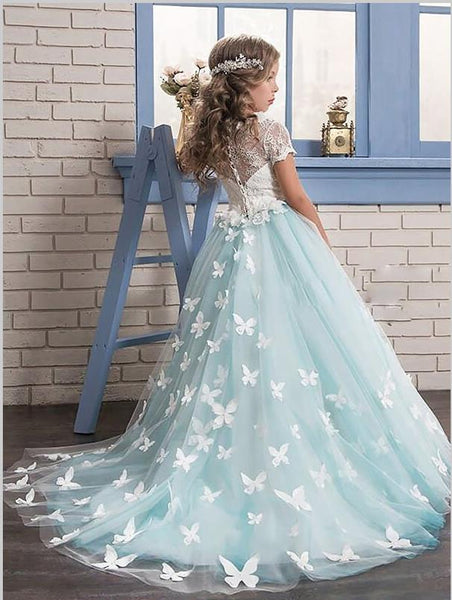 Princess Lace Tulle Short Sleeves Flower Girl Dresses Floor Length Dress