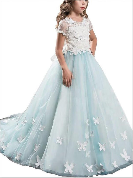 Princess Lace Tulle Short Sleeves Flower Girl Dresses Floor Length Dress
