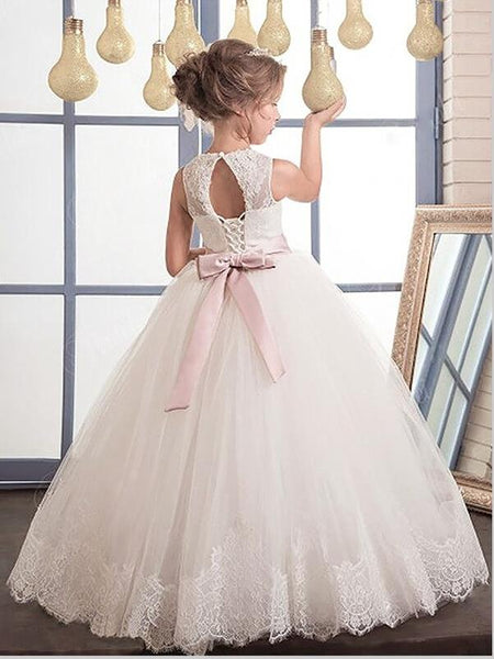 Tulle Sleeveless Sash/Ribbon/Belt Flower Girl Dresses Floor Length Ball Gown With Bowknot