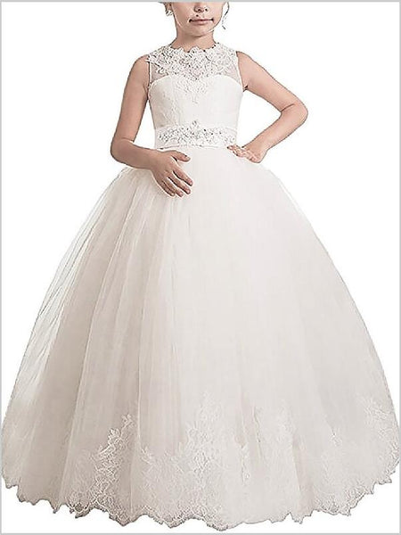 Tulle Sleeveless Sash/Ribbon/Belt Flower Girl Dresses Floor Length Ball Gown With Bowknot