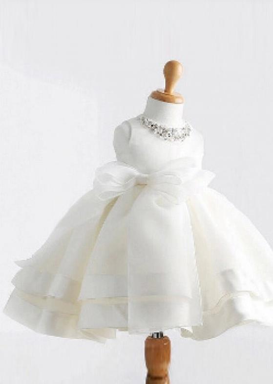 Long Satin Jewel Sleeveless Flower Girl Dresses Ball Gown With Bowknot