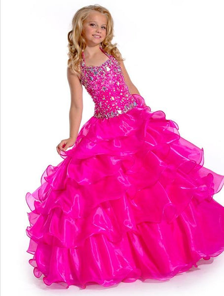 Long Organza Halter Rhinestone Flower Girl Dresses Ball Gown