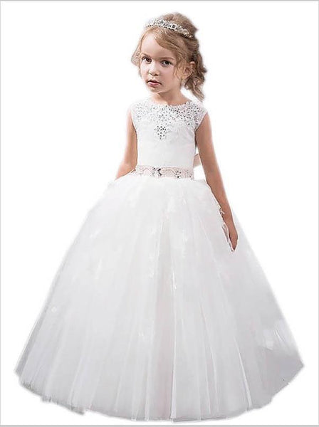 Tulle Jewel Sleeveless Crystal Flower Girl Dresses Floor Length Ball Gown