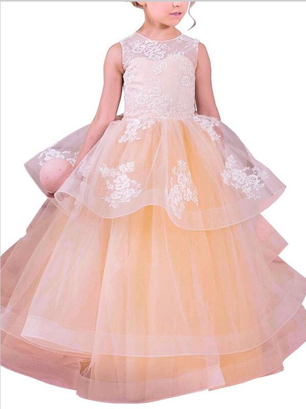 Lace Tulle Sleeveless Flower Girl Dresses Floor Length Ball Gown