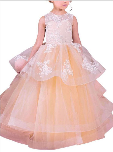 Lace Tulle Sleeveless Flower Girl Dresses Floor Length Ball Gown