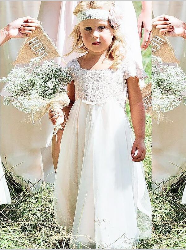 Princess Lace Chiffon Short Sleeves Flower Girl Dresses Floor Length