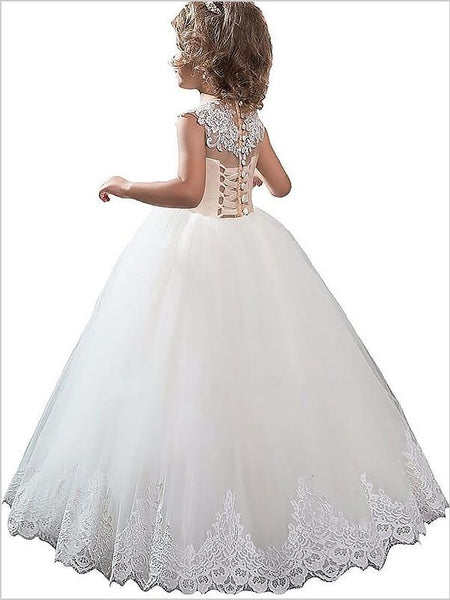 Tulle Scoop Sleeveless Flower Girl Dresses Floor Length Ball Gown With Applique