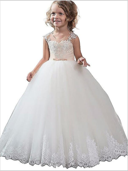 Tulle Scoop Sleeveless Flower Girl Dresses Floor Length Ball Gown With Applique