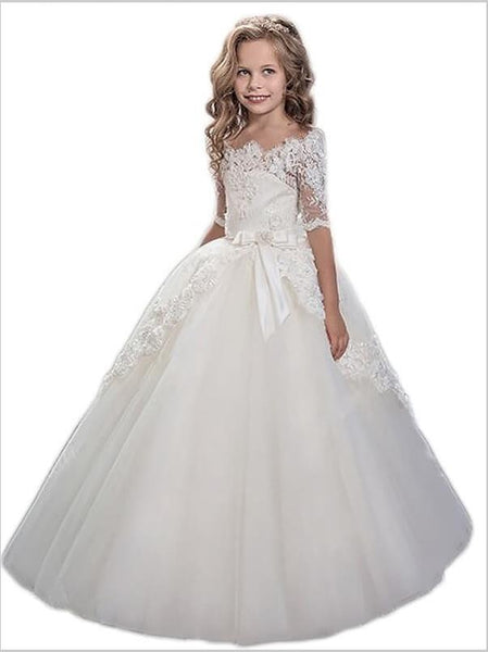 Tulle Off Shoulder Short Sleeves Flower Girl Dresses Floor Length Ball Gown With Applique