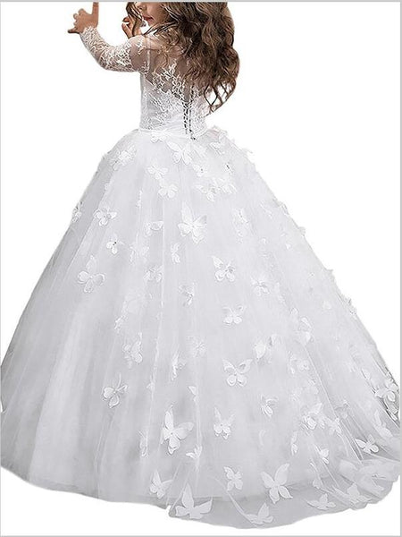 Tulle Scoop Long Sleeves Flower Girl Dresses Floor Length Ball Gown