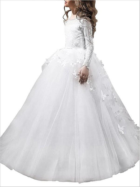 Tulle Scoop Long Sleeves Flower Girl Dresses Floor Length Ball Gown