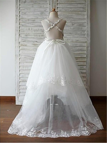 Organza Spaghetti Straps Brush Train Flower Girl Dresses With Beading