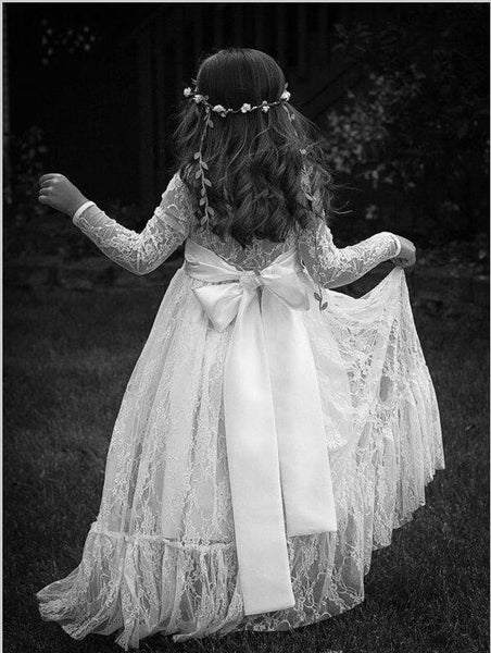 Princess Lace Long Sleeves Flower Girl Dresses Floor Length Dress With Bowknot