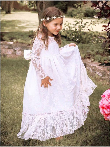 Princess Lace Long Sleeves Flower Girl Dresses Floor Length Dress With Bowknot