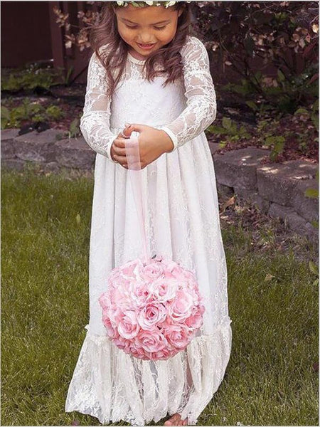 Princess Lace Long Sleeves Flower Girl Dresses Floor Length Dress With Bowknot