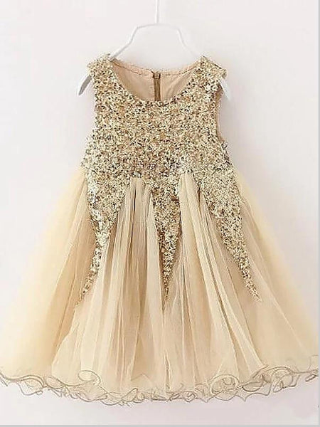 Princess Tulle Sleeveless Short Flower Girl Dresses With Jewel Sequins