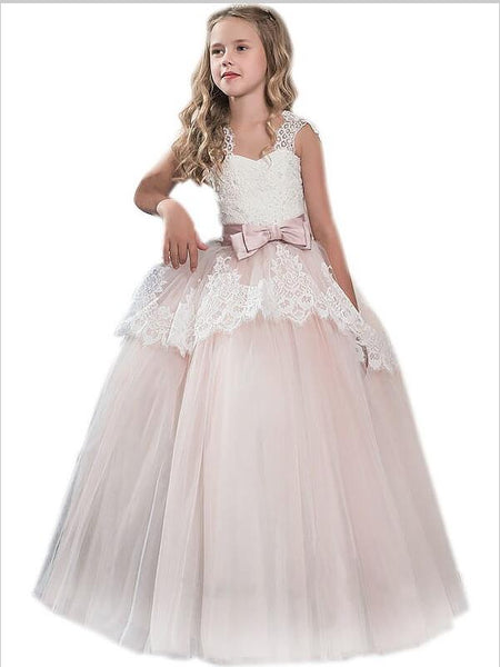 Tulle Sleeveless Flower Girl Dresses Floor Length Ball Gown With Bowknot