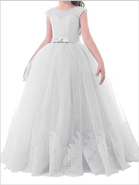 Tulle Jewel Sleeveless Flower Girl Dresses Floor Length Ball Gown With Bowknot