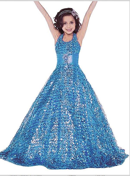 Sequins Halter Sleeveless Flower Girl Dresses Floor Length Ball Gown